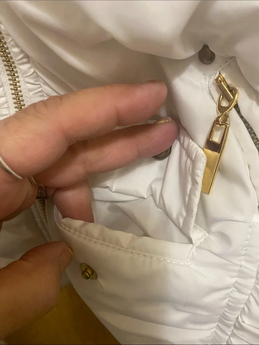 bebe White Quilted Sleeveless Puffer Vest with Gold Zippers